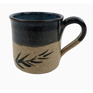 LS Studio Art Pottery Blue Tan Coffee Cup Mug Artesian Decor Collectible Leaf